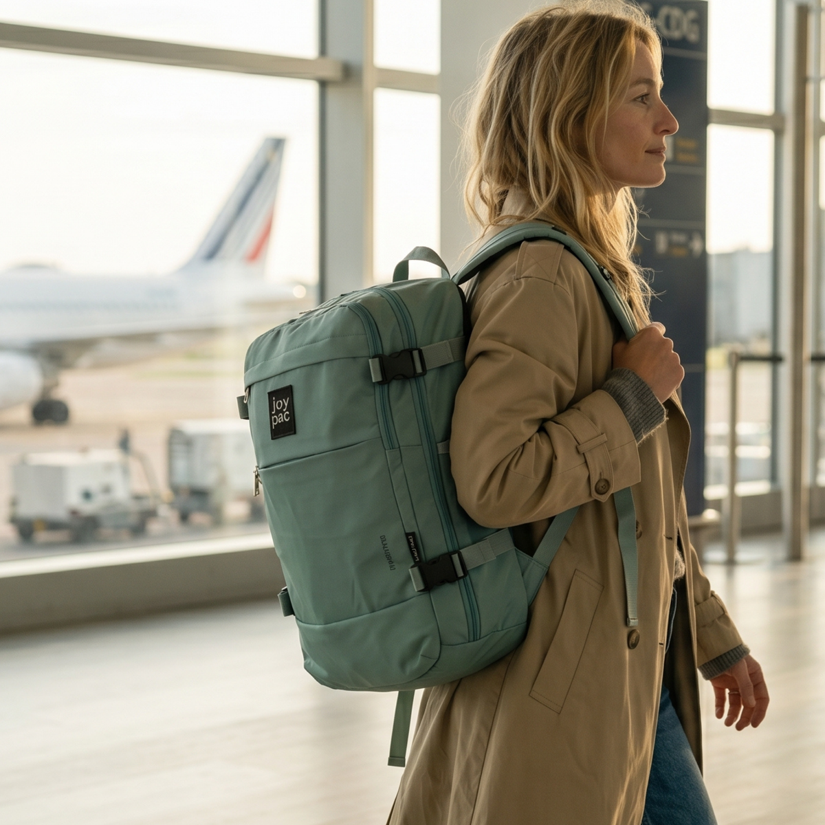 Miętowy plecak podróżny JOYPAC TRAVEL-ONE 40x30x20 jako bagaż podręczny do samolotu w codziennej stylizacji na lotnisku