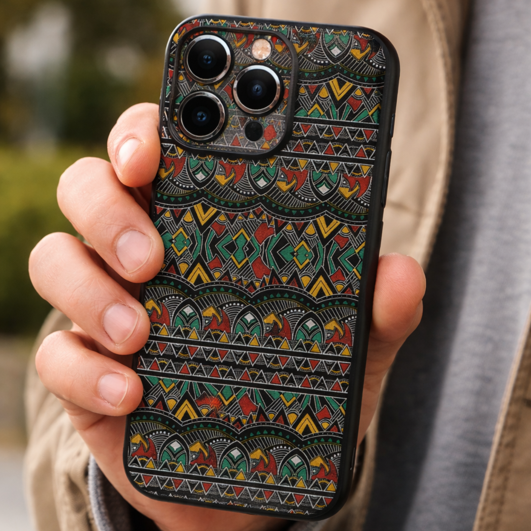 Zielone etui JOYPAC do iPhone 15 Pro z etnicznym wzorem
